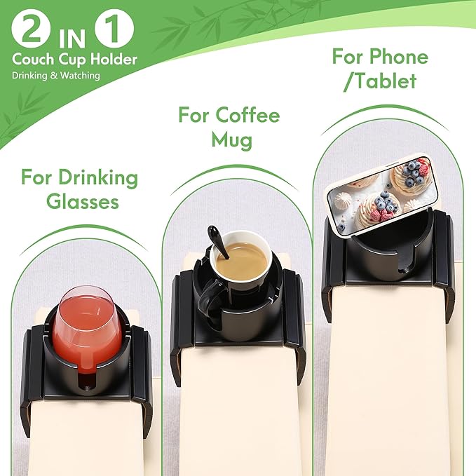 SINWANT Couch Cup Holder, 2 in 1 Bamboo Couch Drink Holder & Phone Stand,Foldable Anti-Slip Sofa Mug Holder for Coffee Mug,Bottles,Cans etc. on Square Soft Sofa RV Armrest