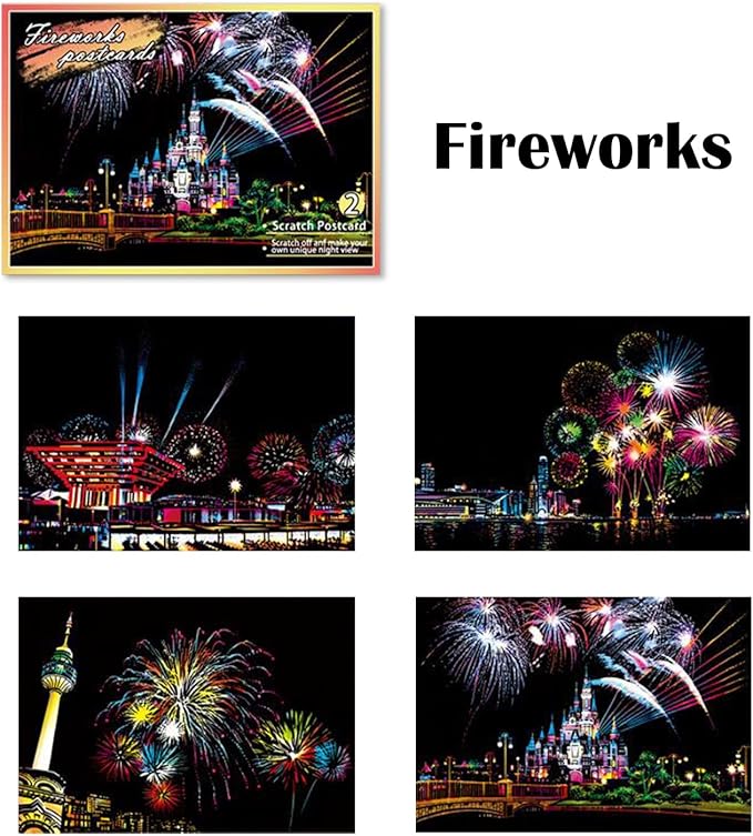 Georgie Porgy Scratch Paper Art Set DIY Arts and Crafts Kits for Kids Adults Magic Rainbow Scratch Postcards for Christmas Birthday Gift with Scratching Tools Kit (Europe Fireworks Architecture)