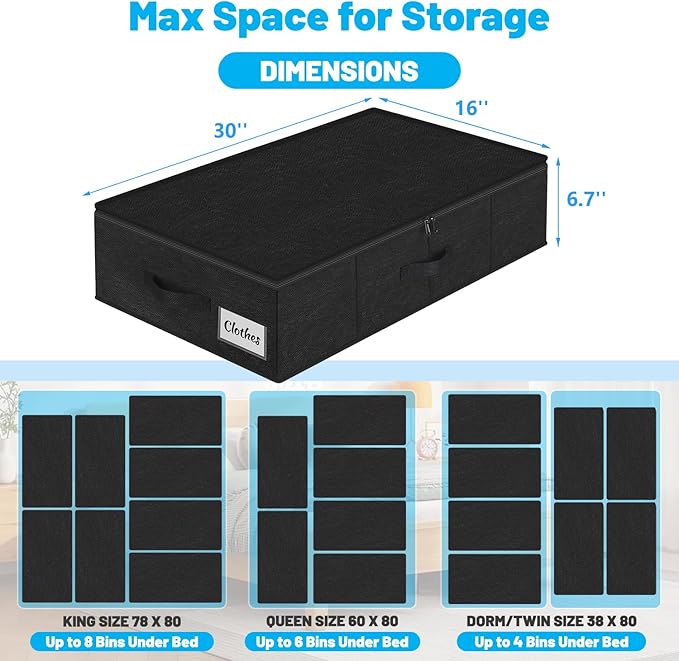 Under Bed Storage Container Bins 2 Pack, Low Profile Foldable Underbed Clothes Storage Organizer W/ Ultra Thick Fabric and Sturdy Bottom/Sides, Dual Zipper Storage Box for Dorm and Home 30x16x6.7"