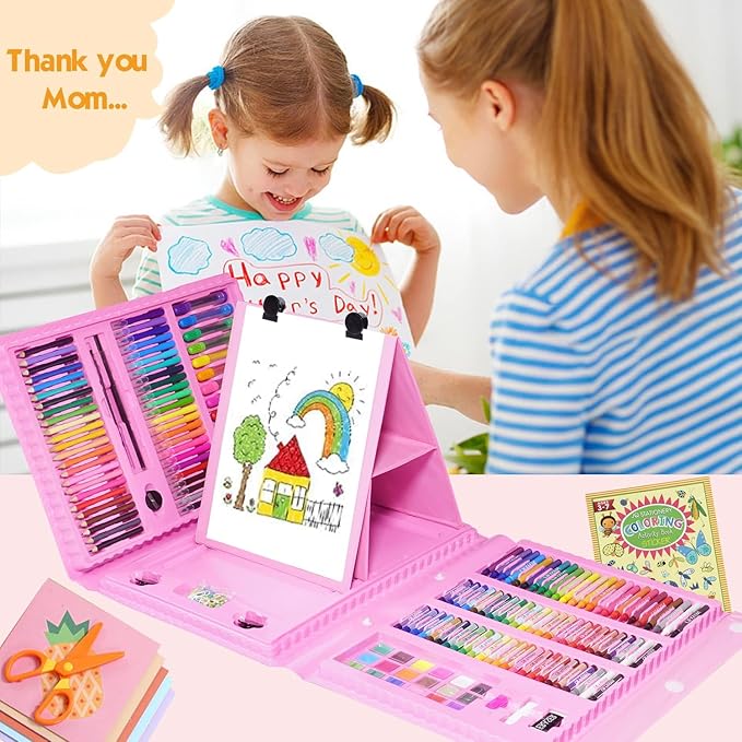 208 PCS Art Supplies Kit for Kids Girls Boys Ages 6-12, Drawing Set with Trifold Easel, Includes Coloring Book, Scissors, Sticker, Origami Paper Crayons, Markers, Colored Pencils, Watercolors