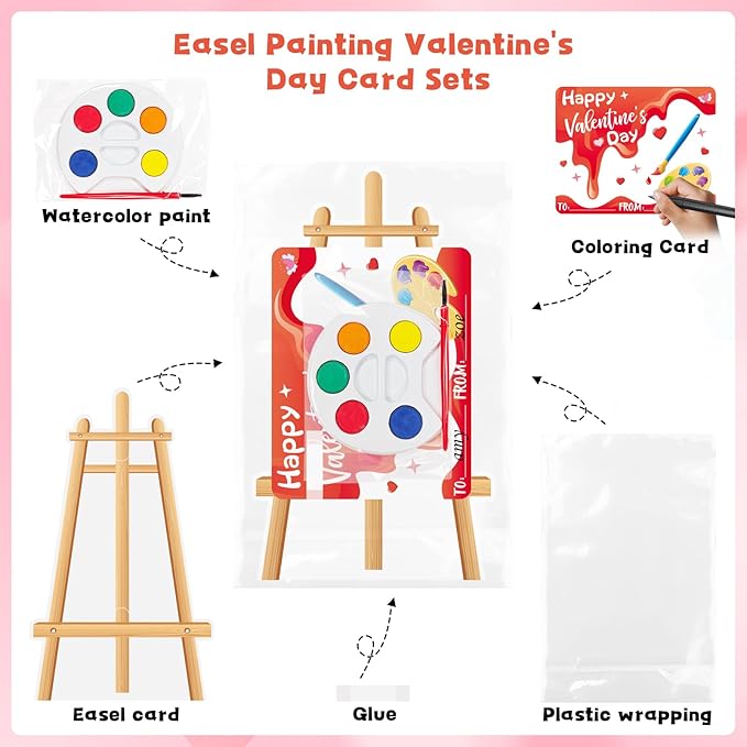 24 Pcs Easel Valentines Day Cards for Kids School with Mini Watercolor Paint Sets for Classroom Exchange, Valentines Gifts Party Favors for Boys Girls