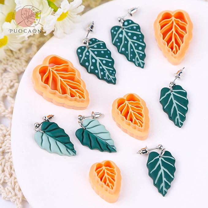 Puocaon Alocasia Polymer Clay Cutters - 4 Pcs Embossing Clay Cutters for Polymer Clay Earrings, Leaves Clay Cutters, Unique Leaves Clay Cutters for Polymer Clay Earrings Jewelry, 3D Print Clay Cutters