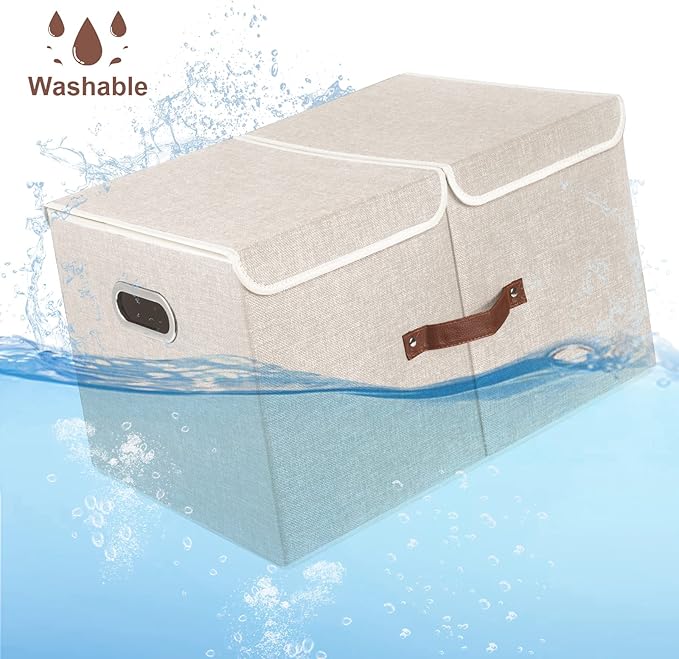 TYEERS Extra Large Collapsible Storage Bins with Lids and Compartments, Washable, Fabric Storage Boxes, 21.7x13x11.8 inches, 1 Pack, Beige