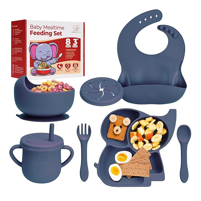 Complete Silicone Baby Feeding Set - 6+ Months Food Grade Baby Feeding Essentials | Silicone Bibs, Baby Bowls and Plates, 3 in 1 Baby Sippy Cup, Spoons and Fork Set | Free of BPA/PVC/Lead/Phthalate