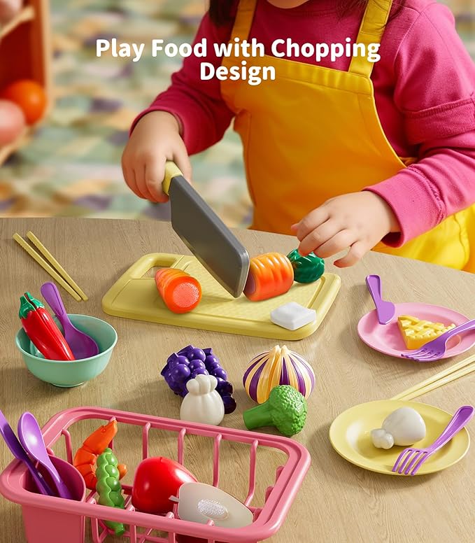 Geyiie Kids Sink with Running Water, Toddler Kitchen Sink Toy with Real Faucet, Chopping Foods, Play Dishes and Dish Rack, 30Pcs Pretend Dishwasher Toys Accessories, Learning Gift for Girls Boys