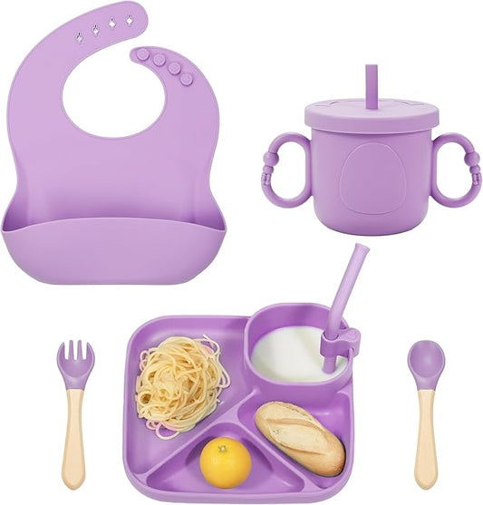 Silicone Baby Feeding Set, Baby Led Weaning Supplies, Silicone Suction Plate, Bowl, Spoons, Fork, Waterproof Bib, Cup and Food Tableware, Eating Utensils Baby Feeding Essentials for 3+ Months
