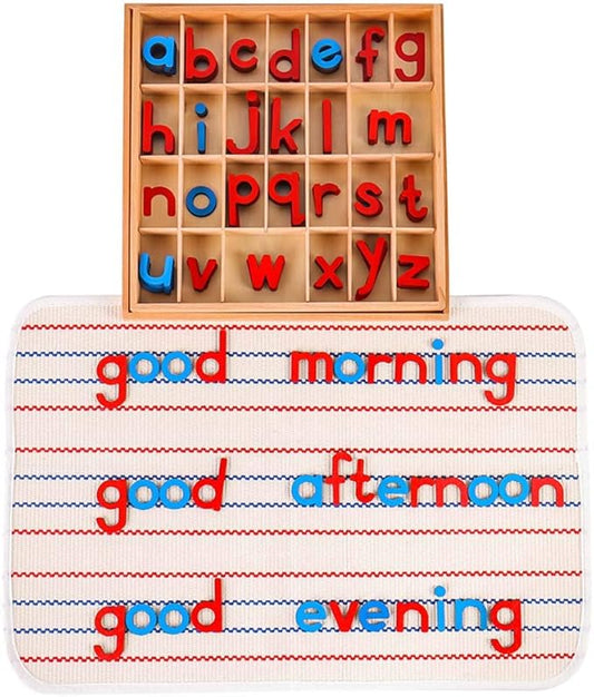 Kghios Montessori Wood Small Movable Alphabet with Box and Large Mat Preschool Spelling Learning Language Materials Toys (Red & Blue)