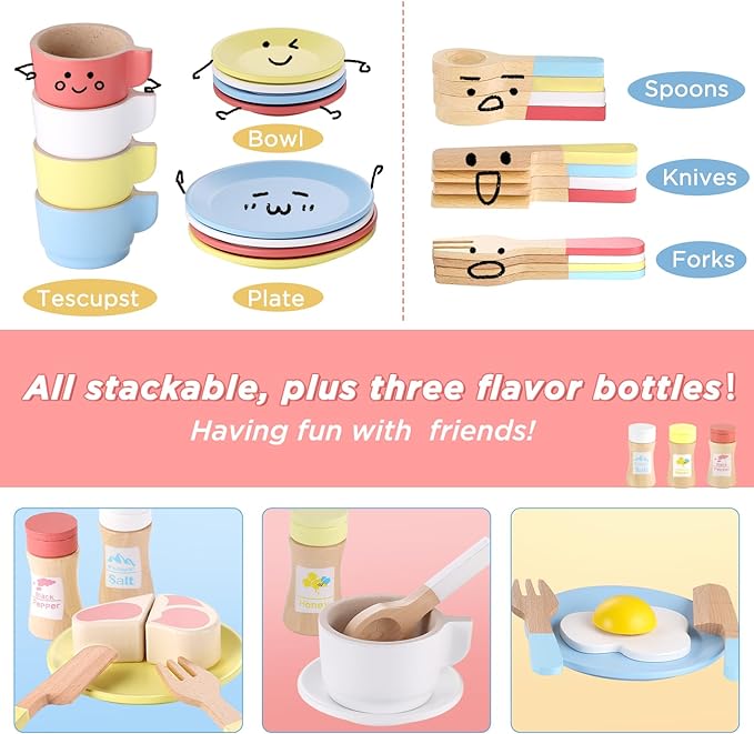 GAGAKU Wooden Play Dishes and Plates for Kids Kitchen Set 27 PCS Montessori Wooden Play Kitchen Accessories Kitchen Toy for Toddlers Wooden Play Cooking Set for 3-8 Years Girls and Boys