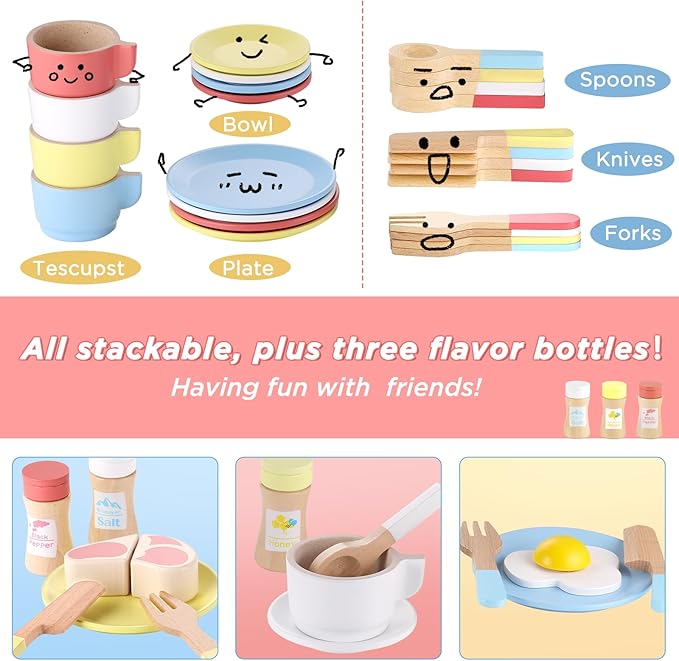 GAGAKU Wooden Play Dishes and Plates for Kids Kitchen Set 27 PCS Montessori Wooden Play Kitchen Accessories Kitchen Toy for Toddlers Wooden Play Cooking Set for 3-8 Years Girls and Boys