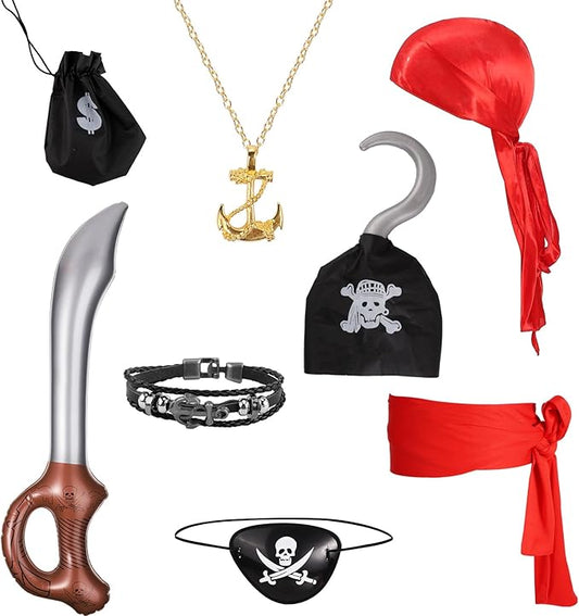Halloween Pirate Costume Set, 8pcs Pirate Costume Accessories Including Eye Patch Red Kerchief Pirate Anchor Necklace Pirate Hook Red Cloth Belt Braided Bracelet for Kids Women