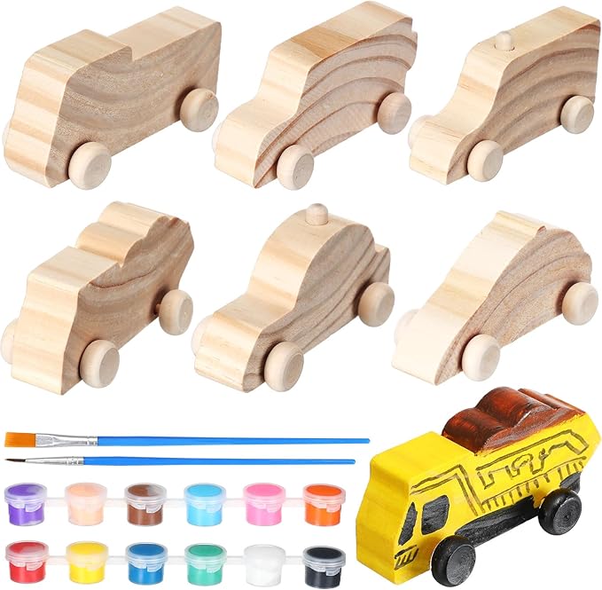 Lenwen 6 Pcs Large Unfinished Wooden Car to Paint 4'' Wood DIY Car Toys and 12 Color Acrylic Paint Set for Student Easy Woodworking Set Family Activities Arts and Crafts Kit