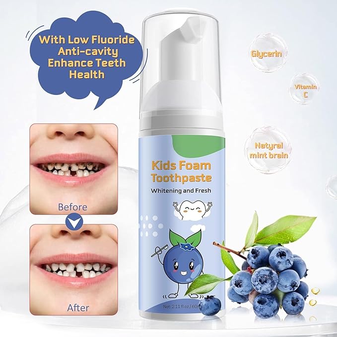 Foam Toothpaste Kids,Toddler Whitening Toothpaste with Low Fluoride & Natural Formula to Reduce Plaque,Kids Foaming Toothpaste for U Shaped Toothbrush for Children (Blueberry&Watermelon)