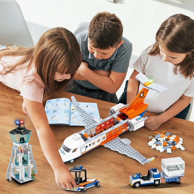 HOGOKIDS City Passenger Airplane Building Set - 711 PCS STEM 3 in 1 Airport Passenger Plane Building Block Toy with Baggage Truck Radar Tower Shuttle Bus for Boys Girls Kids Adults 6 7 8 9+ Years Old