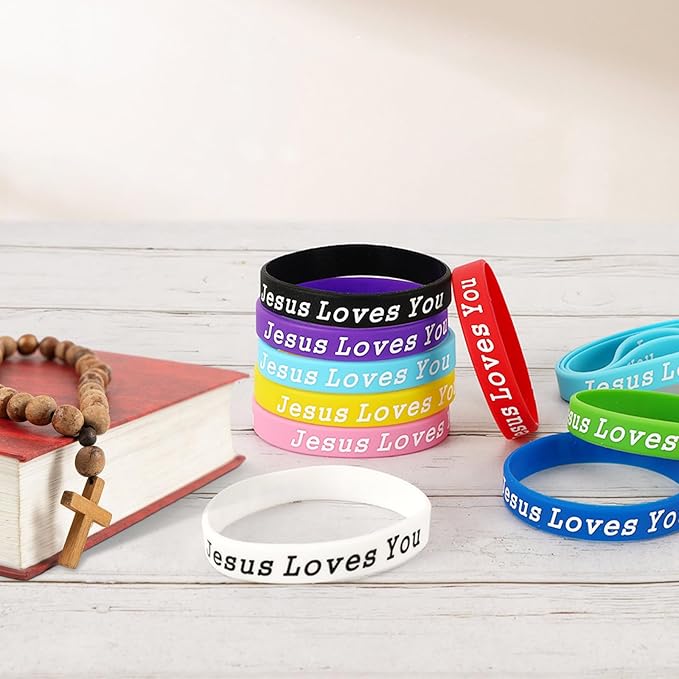 JUNEBRUSHS 42pcs Jesus Loves You Silicone Bracelets Bulk Colorful Christian Jesus Rubber Wristbands for Men Women Party Favors Gifts Supplies