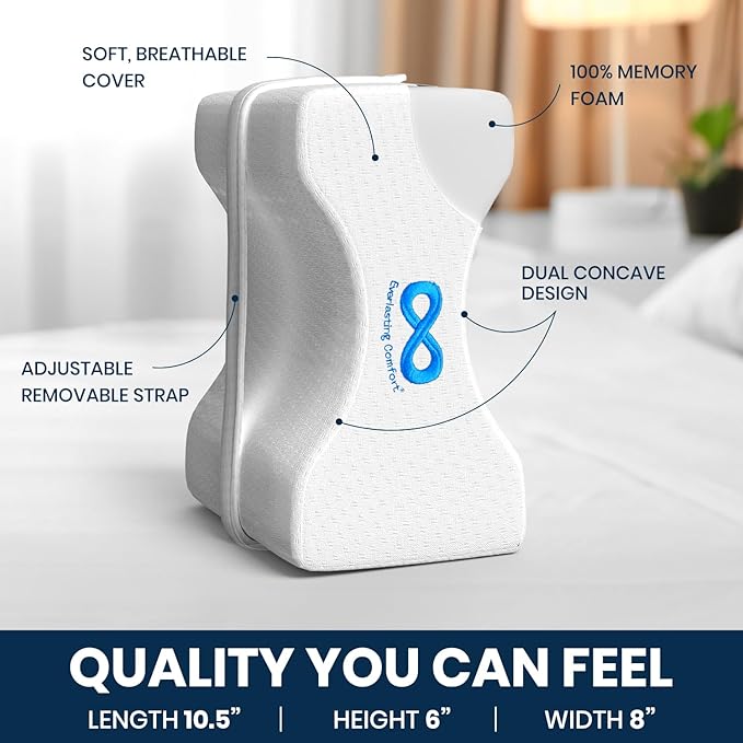 Everlasting Comfort Memory Foam Knee Pillow for Side Sleepers – Sciatica Pain Relief Pillow, Removable Strap Support – Leg Pillows for Sleeping Alignment, Knees, Back & Hip Cushion