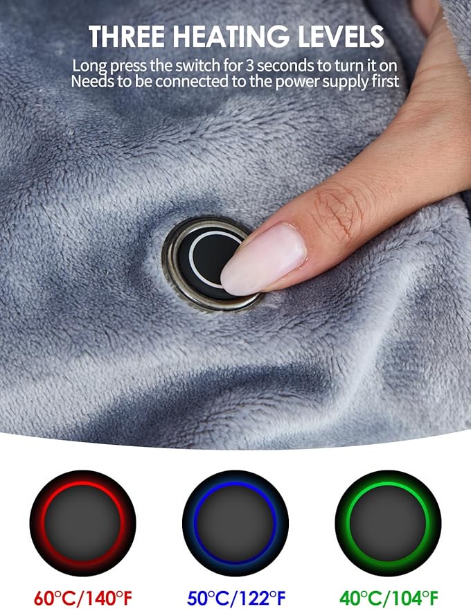 Bodami USB Heated Electric Blanket,with 10000mAh Power Bank,Cordless Portable Wearable Heated Throw Blanket,3 Heating Levels,8 Heating Zones,65''*34'' for Home,Travel and Camping