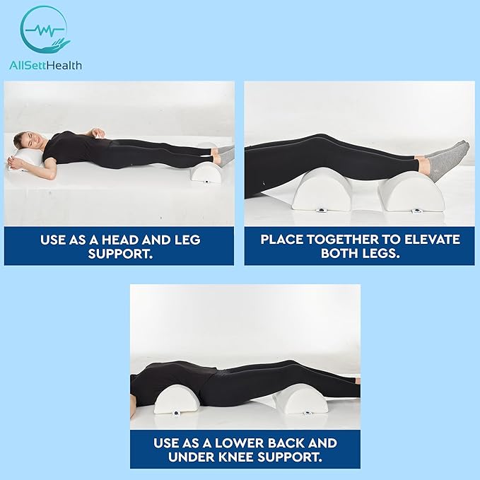 AllSett Health Half Moon Bolster Pillow for Legs, Back and Head (2 Pack) Semi Roll for Ankle and Foot Comfort with White Cotton Machine Washable Cover | Premium Memory Foam | 2 Pillow System