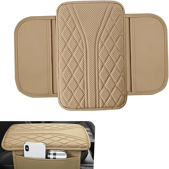 Arwrilt Car Center Console Cover, Leather Automotive Armrest Cushion with 2 Storage Bags, Breathable Armrest Cover, Universal Waterproof Arm Rest Protection Pad for SUV, Sedan, Truck (Beige)