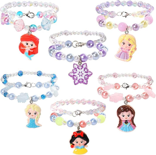6 Sets Princess Beaded Bracelets for Girls, Princess Bracelets Dress Up Pretend Play Jewelry Set Party Favors Gift for Girls Kids