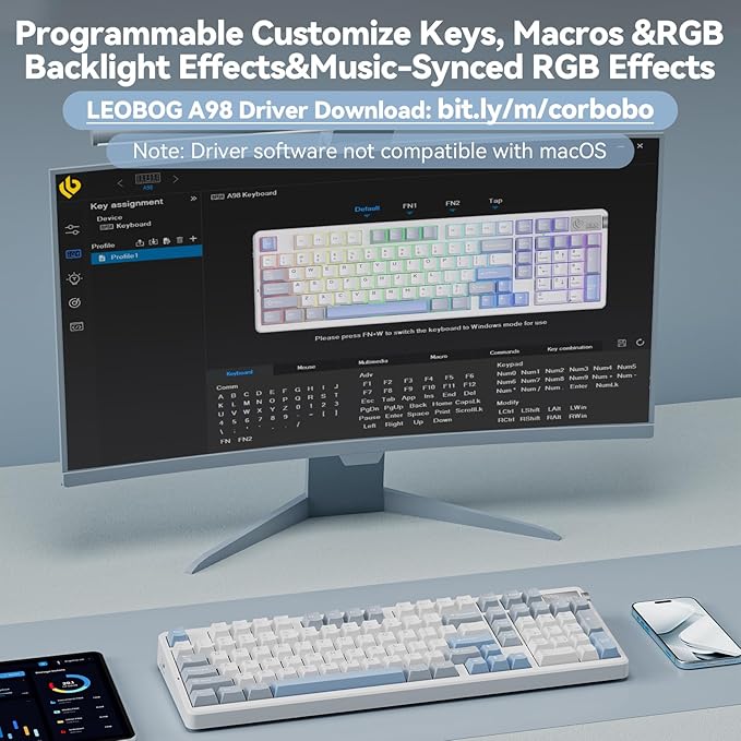 LEOBOG A98-96% Mechanical Keyboard Wireless, Tri-Mode BT5.0/2.4GHz/USB-C, Creamy Keyboard with Number Pad, Gasket Structure Hot Swappable, Custom Gaming Keyboard RGB Backlit with Knob for PC