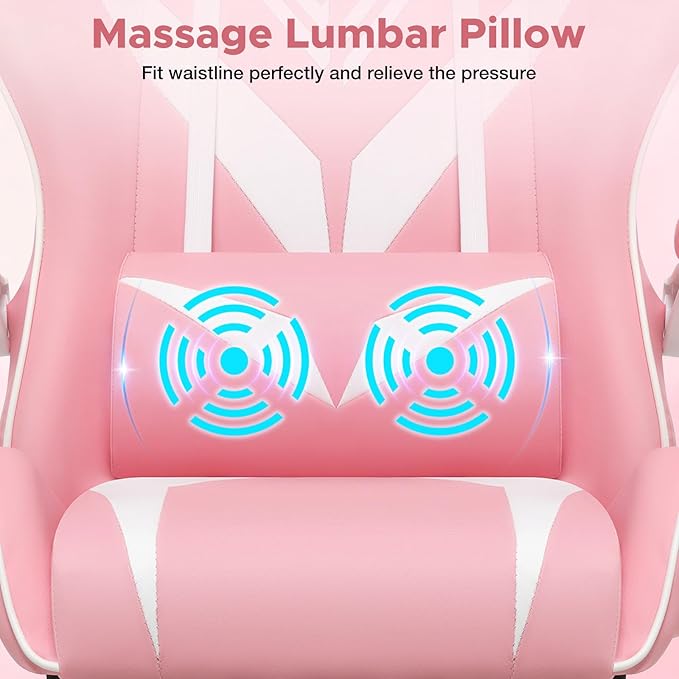 HOFFREE Pink Gaming Chair with Massage for Girls Cute Computer Gamer Chair with Footrest and Lumbar Support Reclining PC Game Chair with Headrest for Gaming Room