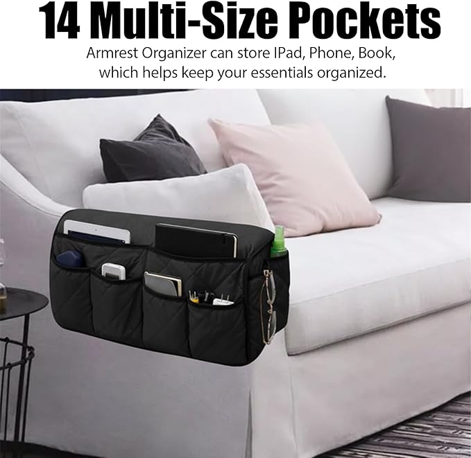 Armchair Caddy, Sofa Armrest Organizer, Black Non-Woven Fabric Storage Bag, Convenient Armchair Organizer for Living Room, Bedroom, Office