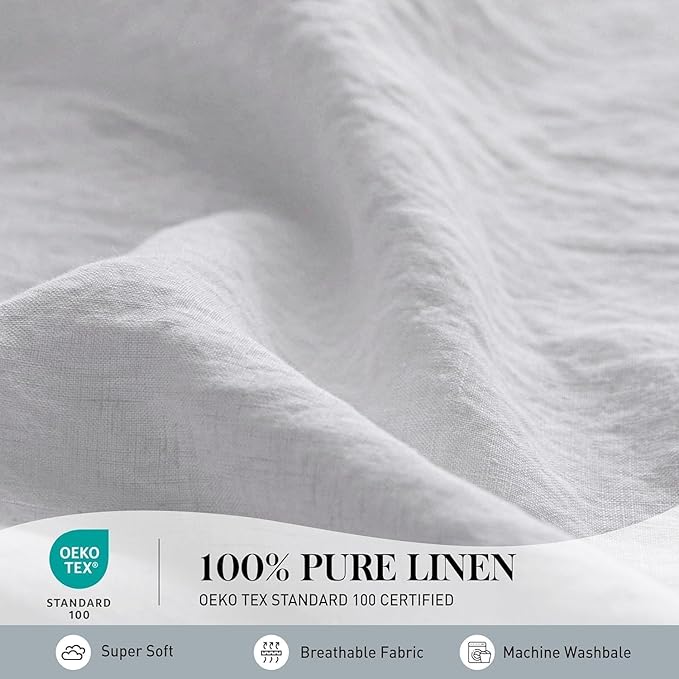 Simple&Opulence 100% Linen Duvet Cover Set, 3 PCS Natural French Flax White Ruffle Duvet Cover King Size, Breathable Comfy Linen Bedding Comforter Cover with 2 Pillowcases (White, 104" X 92")