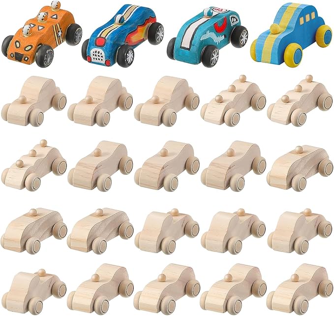 clothmile 24 Pieces DIY Wood Car Toys Unfinished Wooden Cars Toys Wooden Painting Blocks Crafts Kits for Christmas School Students Home Activities Craft Projects Easy Woodworking and Family Time Set