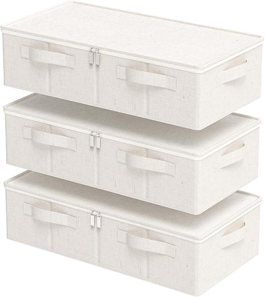 Underbed Storage Box Organizer, Foldable Under Bed Clothes Bags Container, Flat Bins with Lid for Organizing Clothes, Sheets, Blankets, Comforter, 23.6x11.8x5.9in, Beige, 3 Pack