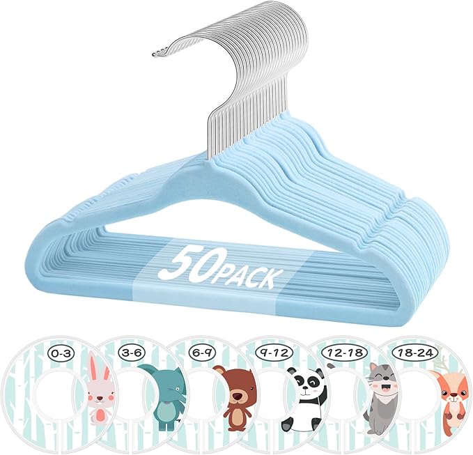 Baby Hangers, VIS'V 11 Inch Blue Velvet Kids Hangers with 6 Pcs Size Dividers Non Slip Nursery Children Closet Clothes Hangers for Infant Toddler Girls and Boys 50 Pcs