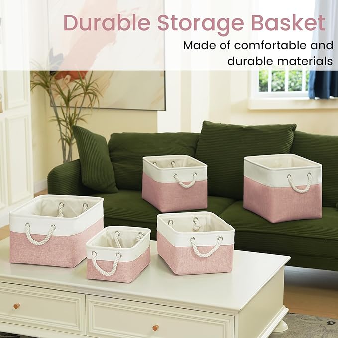 VQRTEXA Storage Baskets for Shelves 11.8x7.9x5.2 Inch, Foldable Fabric Storage Bins with Handles, Small Storage Baskets for Organizing Closet, Bathroom, Office, Home Organization (1-Pack, White&Pink)