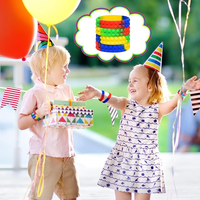 Civaner 48 Pieces Building Blocks Party Favors Building Block Slap Bracelets Silicone Wristband Color Brick Party Slap Bracelet Building Blocks Bracelets for Colorful Birthday Party Favors