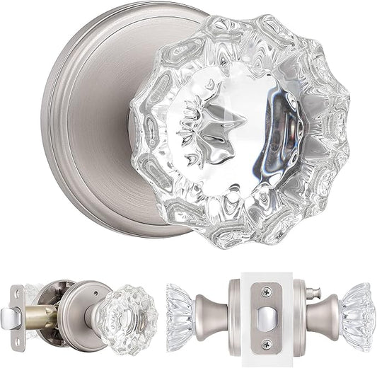 SHINY HANDLES Privacy Glass Door Knobs Interior,Clear Crystal Door Knobs with Lock for Bedroom/Bathroom（Satin Nickel, 1 Pack