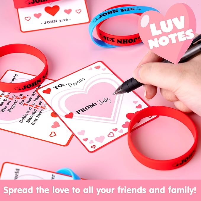 JOYIN 56 Pcs Valentine’s Day Silicone Bracelet with Cards, John 3:16 Rubber Bracelet Valentine Gift, Party Favor Supplies, Classsroom Exchange Prizes, Holiday Reward Gifts