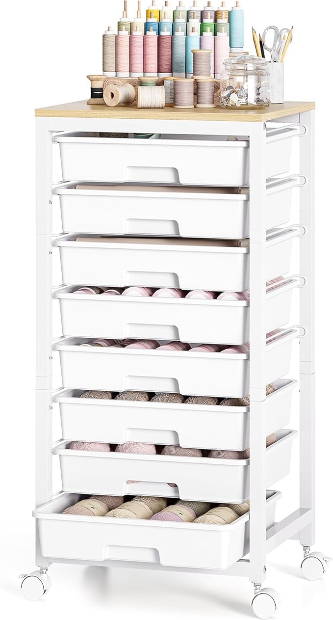 Rolling Cart with Drawers,8 Drawer Rolling Cart,Rolling Drawer Cart,Rolling Storage Drawer Cart,White Rolling Cart,Utility Cart with Drawers and Wooden Tabletop
