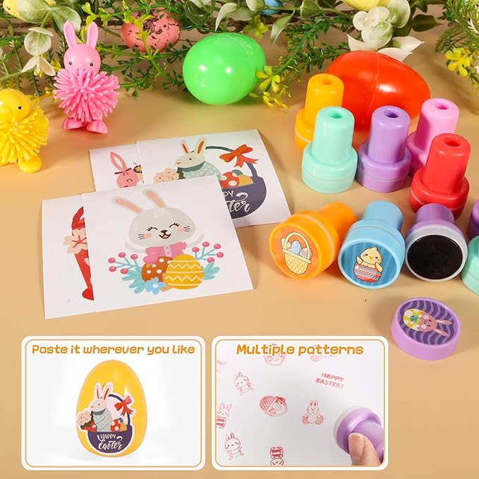 60 PCS Easter Egg Fillers, Easter Basket Stuffers with Slap Bracelets Rubber Wristbands Stickers Stampers Cars Ring Keychains Puffer Fidget Toys, Easter Party Favors, Classroom Prizes Gift Exchange