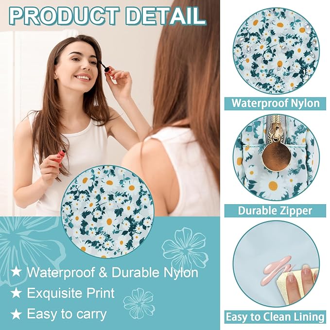 UIXIZQ Waterproof Mini Floral Makeup Bag Pouch for Purse,Nylon Flower Cosmetic Travel Bag Small Preppy Toiletry Organizers Bag for Women Girl,Cute Zipper Pouch Coin Purse for Work(Mini Green-Daisy)