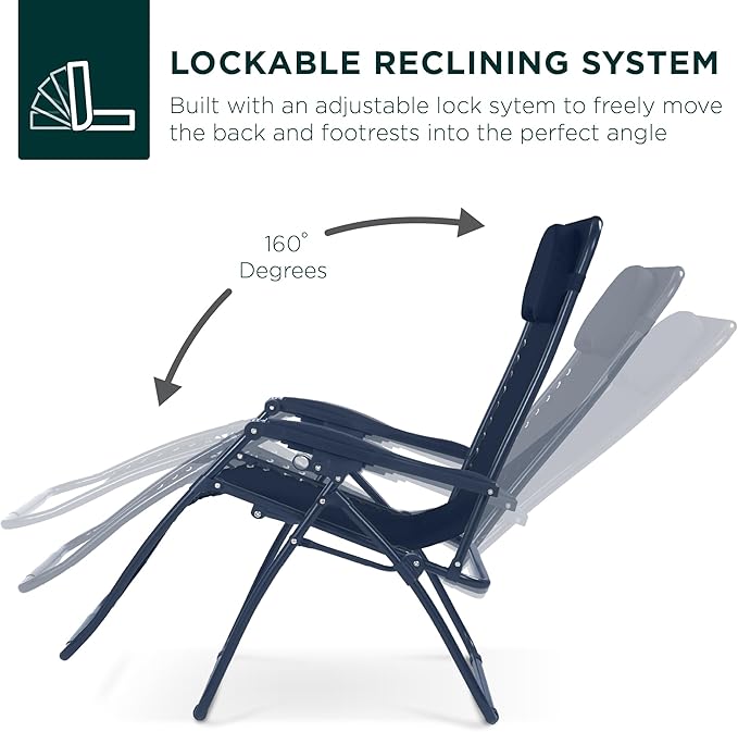 Best Choice Products Oversized Zero Gravity Chair, Folding Outdoor Patio Lounge Recliner w/Cup Holder Accessory Tray, Pillow - Indigo