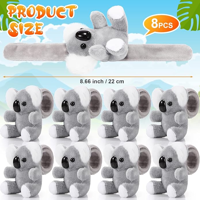 Lenwen 8 Pcs Stuffed Animal Slap Bracelets for Kids Plush Animals Slap Bracelets Bulk Cute Tiger Giraffe Turtle Koala Bracelets Wrist Animals for Girls Boys Valentine's Day Party