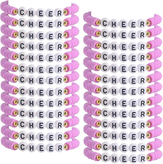 24 Pcs Cheerleader Gifts for Girls Handmade Friendship Bracelets for Teen Girls Stretch Cheer Bracelets Y2k Cheer Stuff Stackable Clay Bead Bracelets Bulk Teens Birthday Christmas Party Favors
