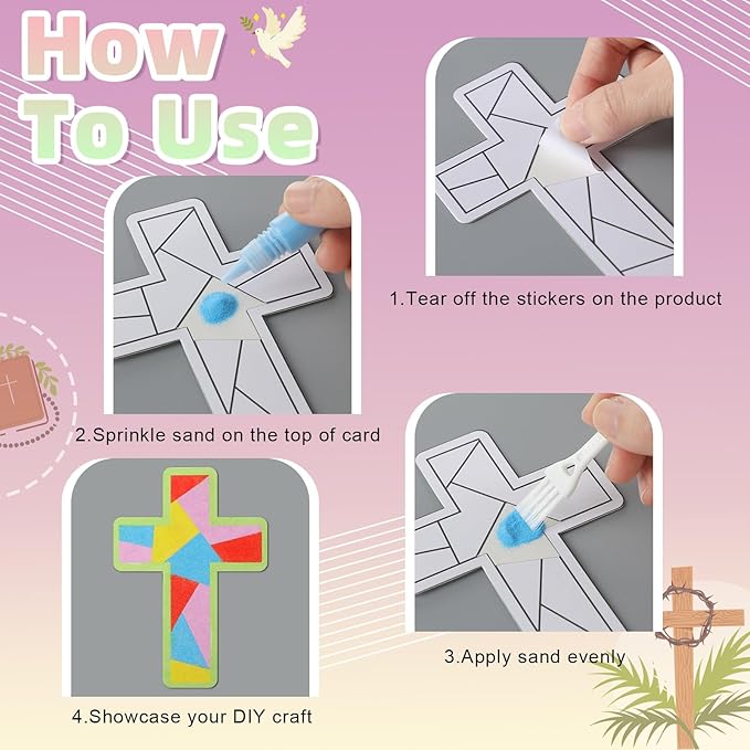 24 Sets Religious Sand Art Craft Kit for Kids Christian Crosses Fish Painting Kit with Colored Sand Brushes Create Your Own First Communion Sand Art for Sunday School Fun Home Activities
