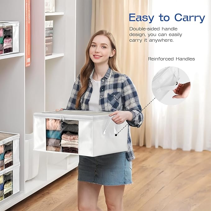Clothes Storage Bags, Foldable Thick Fabric Blanket Storage Bags, Large Clear Window & Carry Handles, Great for Clothes, Blankets, Closets, Pillows, Toys (White, 6PACK)