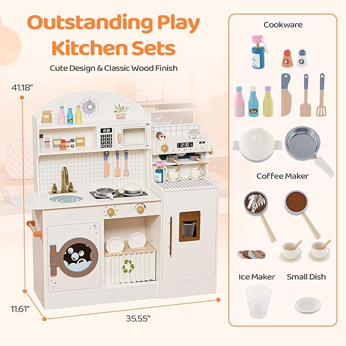 JOYMOR Kids Play Kitchen Sets w/Coffee Machine & Plenty of Play Kitchen Accessories, Wooden Kitchen Set Gift, Ideal for Creative Pretend Play for Toddlers, Girls & Boys (Cream&Gold)
