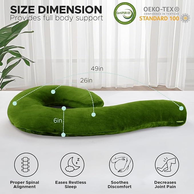 Body Pillow for Adults - Soft Long Bed Pillows Insert for Sleeping - Shredded Memory Foam and Removable Washable Cover - Swan Shaped Side Sleeper Pregnancy Pillow 49 Inch (Green)