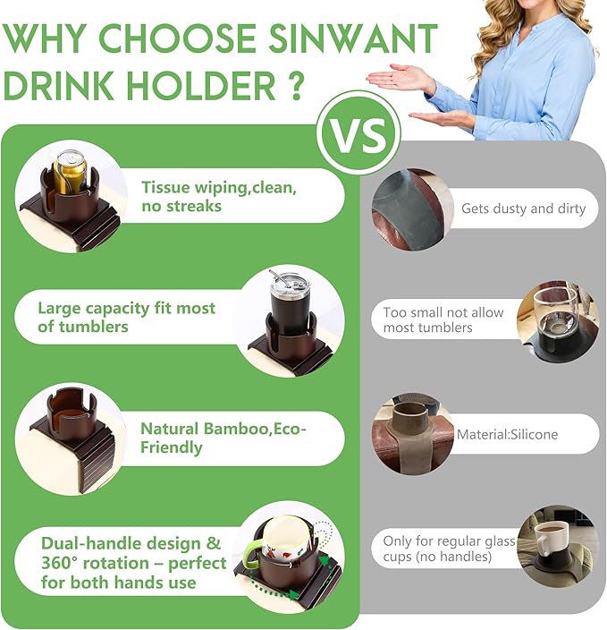 SINWANT Couch Cup Holder, 2 in 1 Bamboo Sofa Arm Clip on Cup Holder with 360°Rotated Phone Stand, Foldable Anti-Slip Couch Armrest Drink Holders for 3.93in Coffee Mug,Bottles,on Armrests