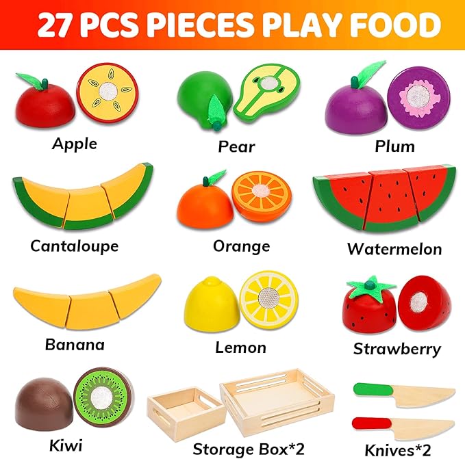 BAODLON Wooden Cutting Fruit Set - Wooden Play Food Toys for Kids Kitchen, Multi Play Food Kitchen Accessory with 2 Trays, Play Fake Fruit Toys Birthday Gifts for 3 4 Years Toddler Girl Boy