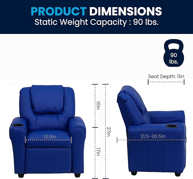 Flash Furniture Vana Vinyl Kids Recliner with Cup Holder, Headrest, and Safety Recline, Contemporary Reclining Chair for Kids, Supports up to 90 lbs., Blue