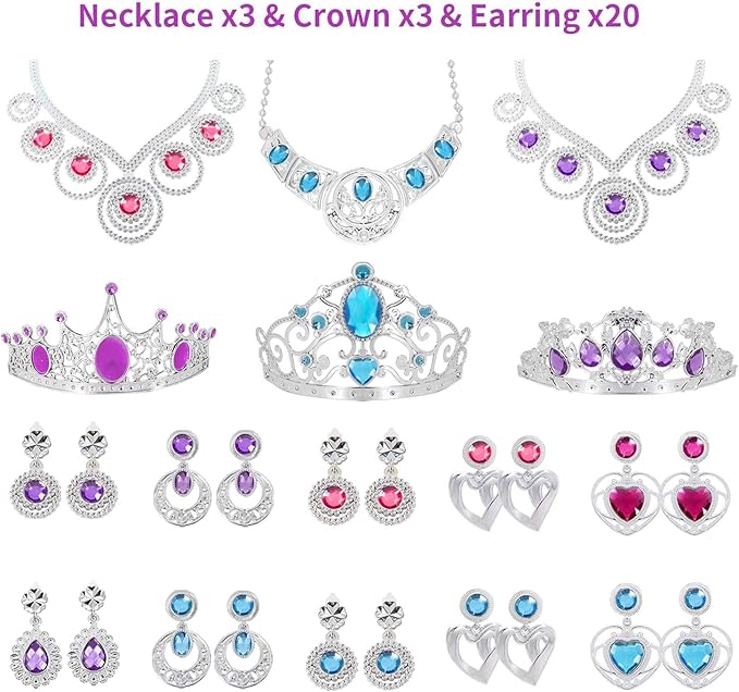 56 Pack Princess Jewelry for Girls Princess Dress Up Accessories Kids Play Jewelry for Girls Included Crown Wand Necklace Bracelet Rings Earrings Great as Princess Party Decoration