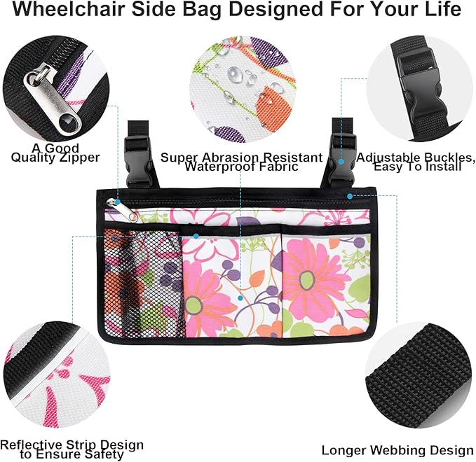 Wheelchair Side Bag, Upgrade Flower Color Wheelchair Armrest Storage Pouch with Cup Holder and Reflective Strip Made with Waterproof Fabric, for Most Wheelchairs, Walkers and Rollators (Pink Floral)