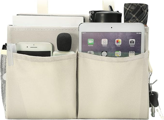 Bseash Bunk Bed Organizer, Bedside Caddy Hanging Bed Organizer Storage Bag with 4 Pockets and 2 Hooks, for College Dorm Rooms Bed, Hospital Bed, Baby Bed Rails, 600D Oxford Cloth (Beige)